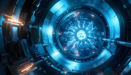 Poster - Futuristic blue technology featuring intricate machinery and glowing elements, perfect for sci-fi themes and digital innovation.
