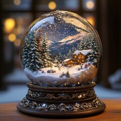 Wall Mural - A snow globe with a winter scene, with snow falling and a small village inside.