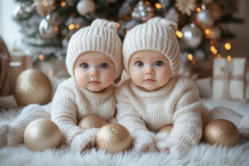 Wall Mural - Two cute baby twins in white knitted hats on Christmas tree background