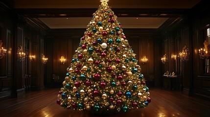 Poster - An elegant Christmas tree covered in jewel-toned baubles of emerald, ruby, and sapphire, standing in a luxurious parlor with dark wood floors and soft ambient lighting, creating a warm,