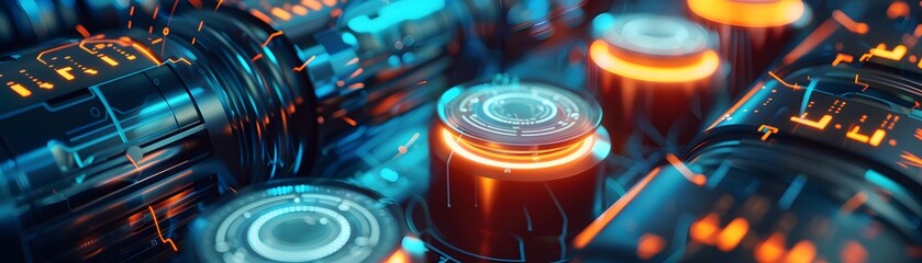 Poster - Close-up of illuminated control knobs on a futuristic device, showcasing vibrant colors and intricate designs in a modern technology setting.