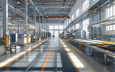 Poster - Bright and spacious industrial factory interior with machinery and production lines, ideal for manufacturing and engineering themes.