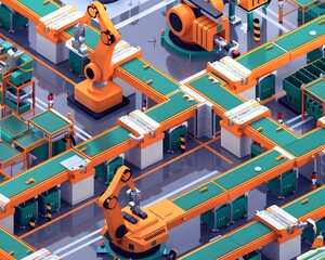 Poster - Aerial view of an automated production line with robotic arms and conveyor belts in a modern industrial setting.