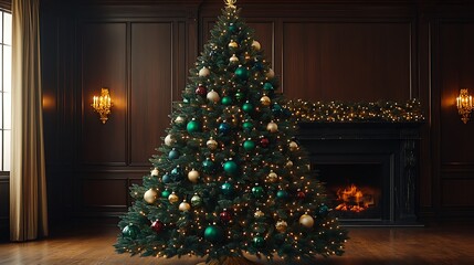 Wall Mural - An opulent Christmas tree adorned with deep emerald, sapphire, and ruby ornaments, standing in a stately room with dark wood paneling, a large fireplace,