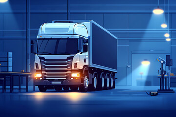 Transportation service center, logistic truck in maintenance bay, flat design illustration