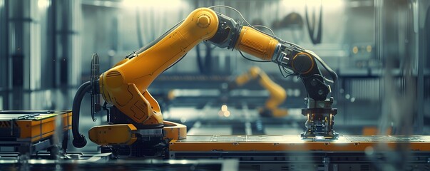 Poster - A close-up view of an industrial robot arm in a modern manufacturing setting, showcasing advanced technology and automation.