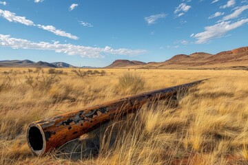 A rusty pipe is laying in the middle of a dry, barren field