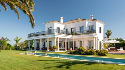 Poster - A large white house with a pool and a patio