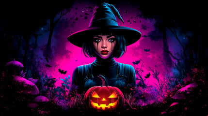 Wall Mural - A woman in a witch hat is holding a pumpkin. The image has a spooky, Halloween vibe