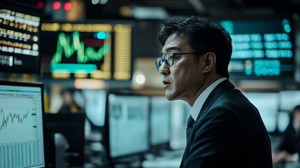Poster - Busy office environment with Asian stock brokers, surrounded by trading terminals, analyzing market charts.