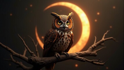 Wall Mural - owl sitting on a branch with a crescent moon behind it.