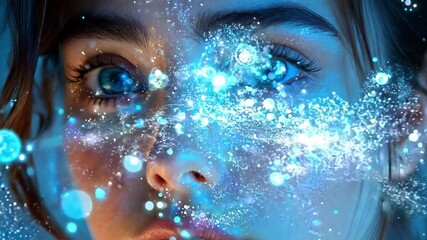 Aufkleber - A young woman with striking blue eyes is immersed in a mesmerizing blue glow, creating an enchanting and futuristic atmosphere filled with wonder.