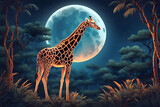 illustration of a giraffe on the jungle in front of a full moon ai generated