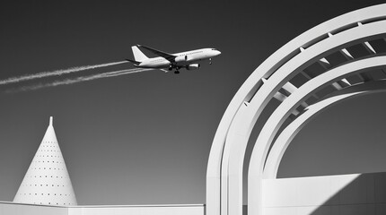 a plane is flying in the sky, flying over engineering structures, black and white photo