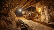 © Tun - A rustic gold mineshaft deep underground with intricate wooden beams balancing heavy machinery
