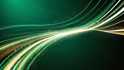 Green theme digital abstract with flowing light trails producing a captivating particles background design backdrop