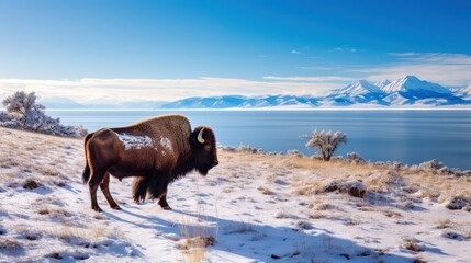 bison by a snowy lake and mountains