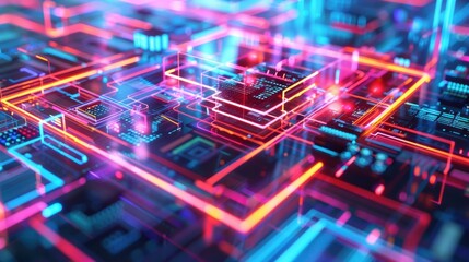 An array of glowing purple and blue cubes against a black background, reflecting an advanced and vibrant technological landscape.