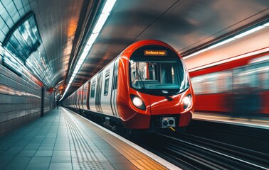 Wall Mural - A fast-moving subway train captured with a long exposure, creating dynamic light trails and a sense of speed. The image emphasizes urban motion and modern transportation.