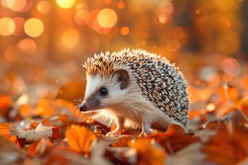 A small brown and white hedgehog is standing on a pile of orange leaves