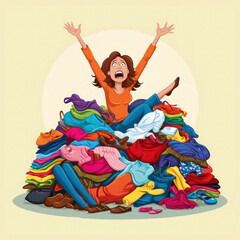 Wall Mural - An indignant woman with a frowning forehead stands against a background of a mess of clothes, expressing dissatisfaction and irritation from the chaos