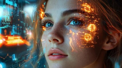 Aufkleber - A woman gazes at glowing digital displays, seamlessly integrating technology and human expression in a modern setting.