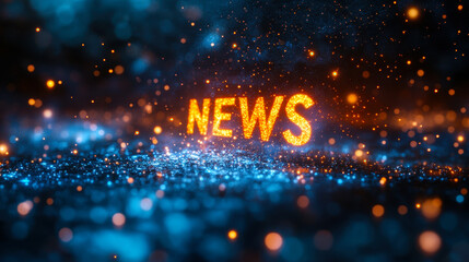 Wall Mural - Creative Blue Background with Glowing Orange NEWS Text Surrounded by Sparkling Particles Highlighting Media, Journalism, and Information Theme