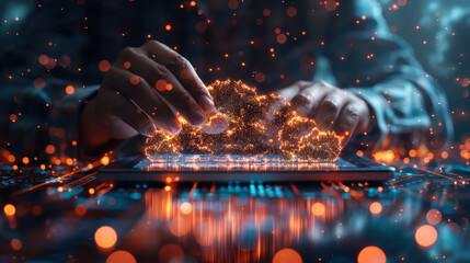 Poster - businessman utilizing digital tablet for cloud computing, data exchange, and global business; futuri