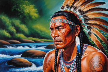 Canvas Print - A striking portrait of a Native American man in traditional attire with an elaborate headdress, reflecting the rich culture and history of the indigenous peoples