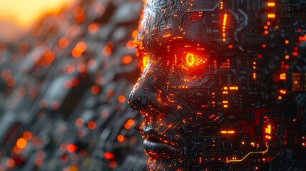 Poster - Futuristic AI Concept: Close-Up of Cybernetic Face with Glowing Circuits and Brain - Artificial Intelligence, Deep Learning, Big Data, Digital Transformation, Automation