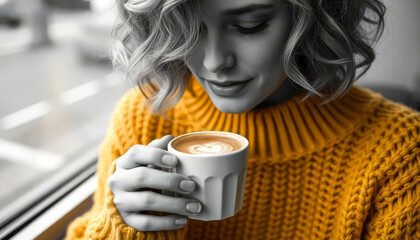 Wall Mural - A woman is holding a coffee cup in her hand