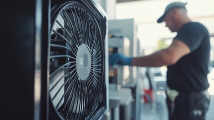 Wall Mural - A technician works on equipment, with a cooling fan prominently displayed in the foreground, highlighting the maintenance of machinery in an industrial setting.