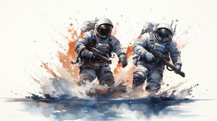 Two astronauts are running through a splash of water, one of them holding a gun