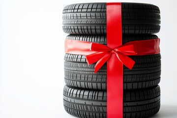 Stack of car tires wrapped with a red ribbon