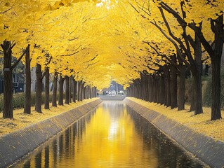 Sticker - 2408 11.A breathtaking view of ginkgo trees lining a quiet path, their bright yellow leaves forming a natural canopy. The still waters of Gokkyocheon Creek reflect the golden hues of the morning sun,