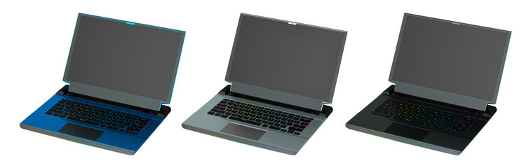 Fototapete - Set of modern laptops with rgb lights isolated on white background with clipping path. 3D render of concept of computer and cloud gaming