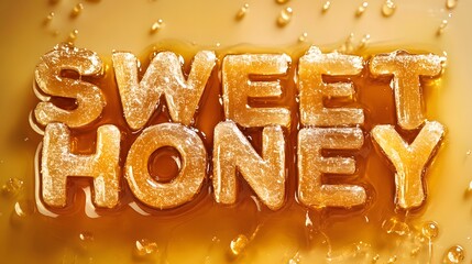 Wall Mural - Golden sweet honey text with liquid honey dripping effect on a bright background