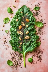 A large, textured kale leaf is decorated with various nuts and seeds, set against a soft pink background, highlighting healthy food choices and vibrant colors