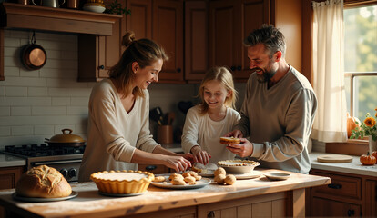 A family makes a traditional Thanksgiving pie together at the kitchen