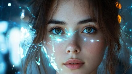 Aufkleber - The woman has captivating blue eyes and a serene expression, surrounded by an ethereal, illuminated background full of intricate patterns.