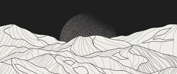 Wall Mural - black and white mountain line arts and moon spot texture wallpaper, luxury landscape background desi