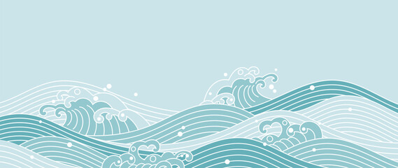 Wall Mural - Japanese sea wave background vector. Wallpaper design with white line art and blue ocean wave pattern backdrop. Modern luxury oriental illustration for cover, banner, website, decor, interior.