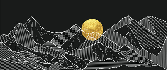 Wall Mural - black and white mountain line arts and gold moon wallpaper, luxury landscape background design for c