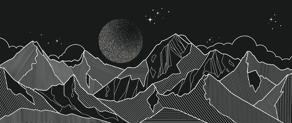 Wall Mural - black and white mountain line arts and moon spot texture wallpaper, luxury landscape background desi