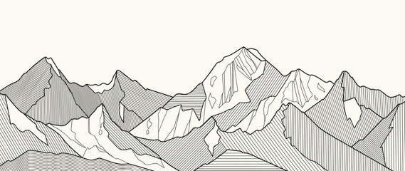 Wall Mural - black and white mountain line arts wallpaper, luxury landscape background design for cover, invitati