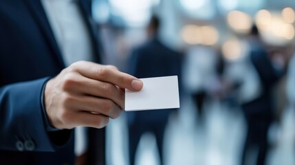 A close-up of a business professional handing over a business card, with a blurred background of a networking scene