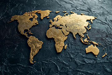 Wall Mural - A world map in metallic gold tones, hovering over a textured dark blue background.   Generative AI.
