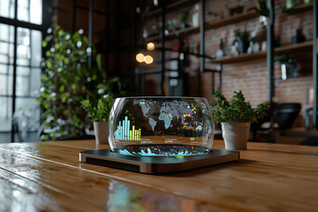 Wall Mural - A futuristic holographic display in mid-air, showing global business analytics.  Generative AI.