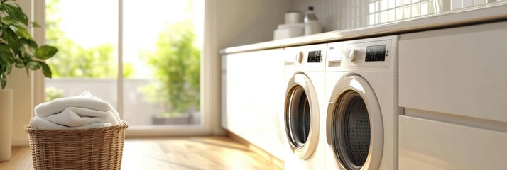 Poster - This modern laundry room features built-in washing and drying machines, sleek cabinetry, and a basket filled with clean laundry. Generative AI