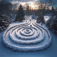 Wall Mural - A snow-covered spiral labyrinth in a winter landscape, with trees and a dramatic sky in the background.